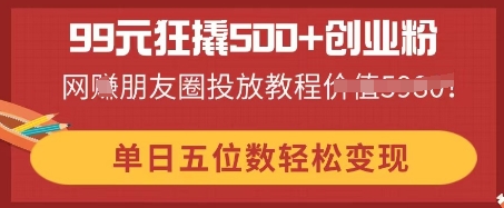 99元狂撬500+创业粉，单日五位数轻松变现，网创朋友圈投放教程-翎创云终点站
